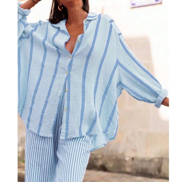 Blue Striped Oversized Button Down Shirt Long Sleeve - Picture 1 of 7